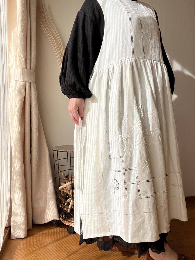 アンティーク　フランス　リネン　ワンピース　脇リボン　ハンドメイド