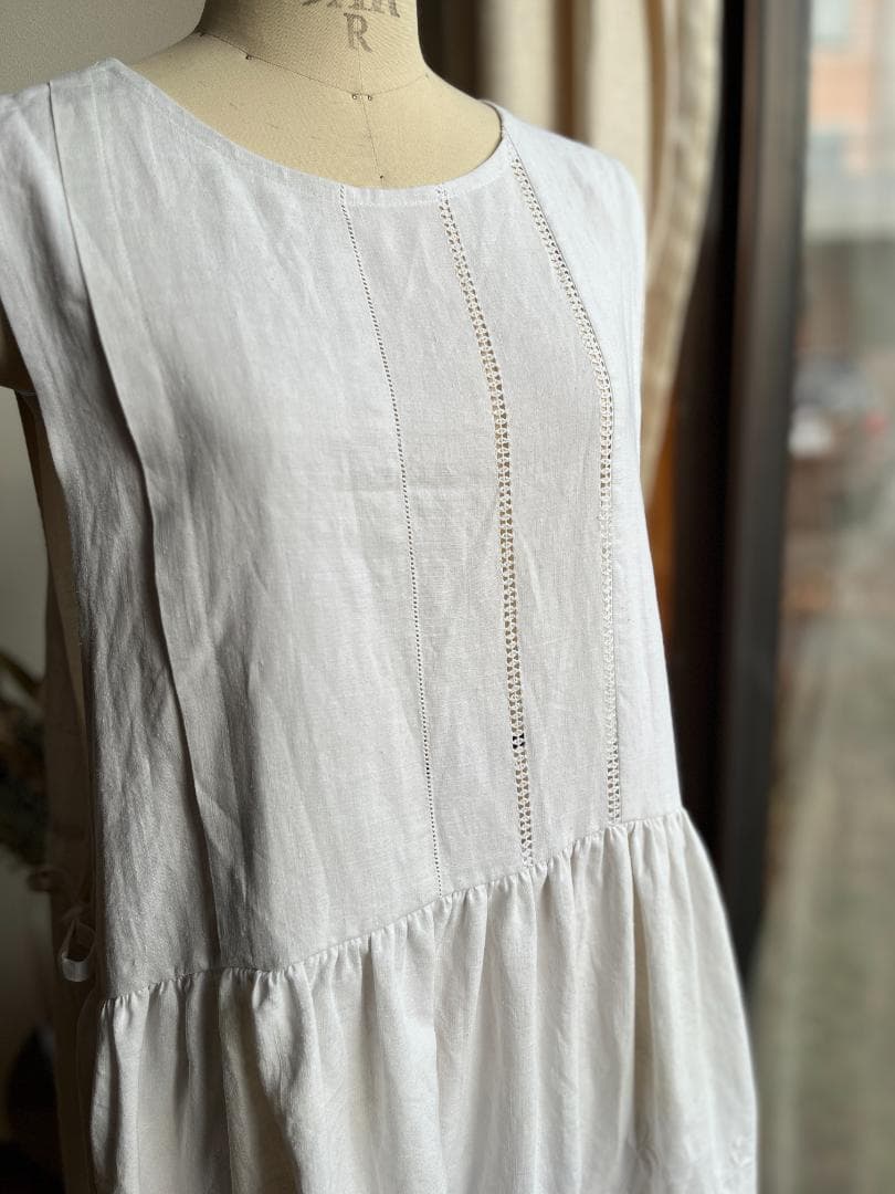 アンティーク　フランス　リネン　ワンピース　脇リボン　ハンドメイド