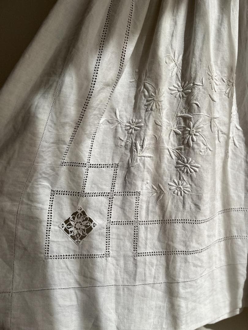 アンティーク　フランス　リネン　ワンピース　脇リボン　ハンドメイド