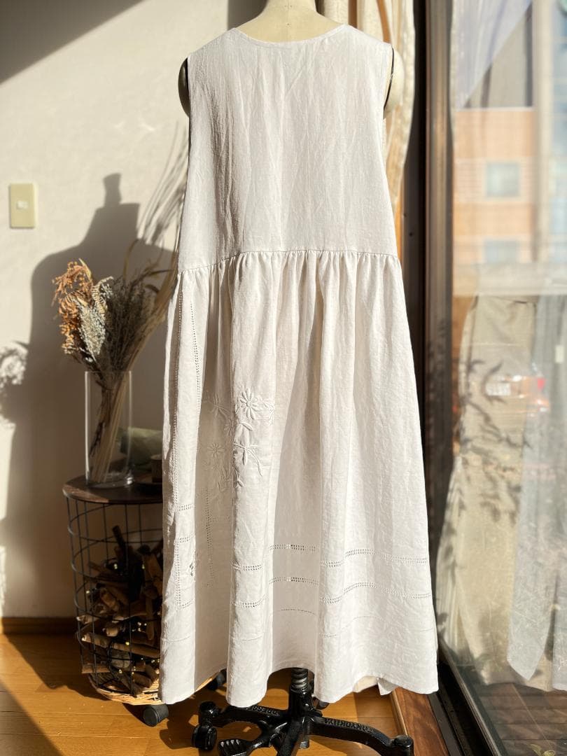 アンティーク　フランス　リネン　ワンピース　脇リボン　ハンドメイド