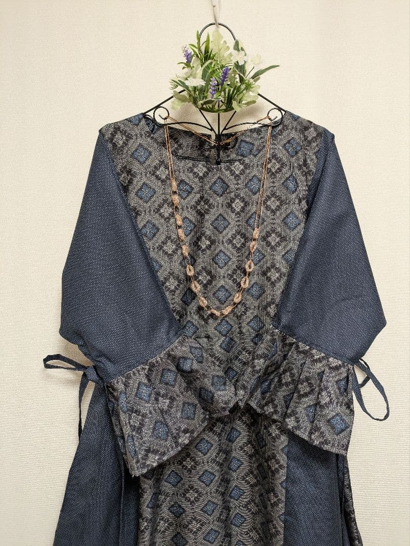 着物リメイクワンピース★大島紬★大人可愛い★楽チンドルマンスリーブ★ML～LＬ