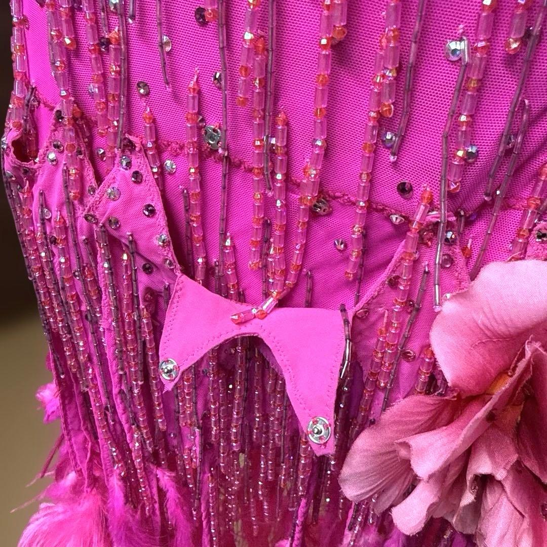 6372★S ピンク 羽根 ビーズフリンジ オーダー品　ラテンドレス 社交ダンス