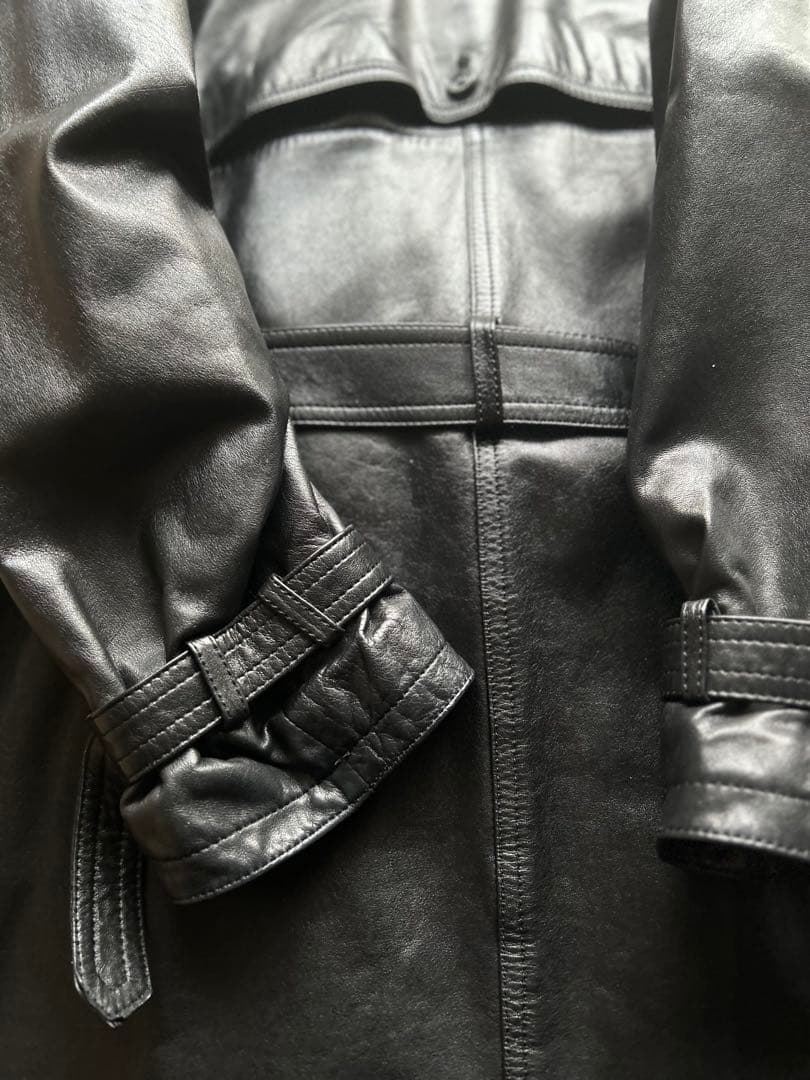 vintage牛革オールレザー ダブル トレンチコート ブラック ロング ベルト