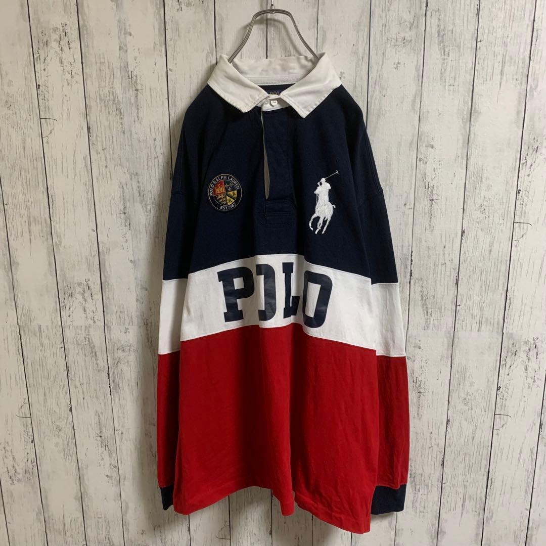 ラルフローレン　ラガーシャツ ラグビーシャツ　刺繍　ビッグポニー　紺白赤