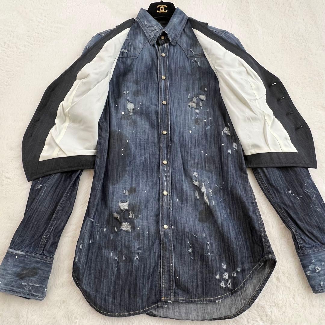 タグ付【ディースクエアード】ヴィンテージデニムベストレイヤードシャツブラウス☆L