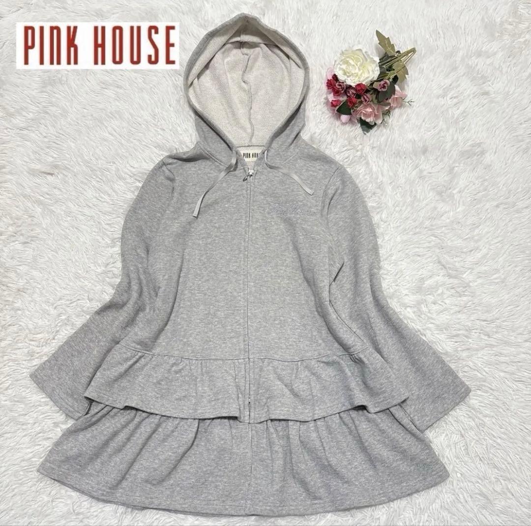 ピンクハウス　裾フリル　チュニックパーカー フード ペプラムパーカー　F