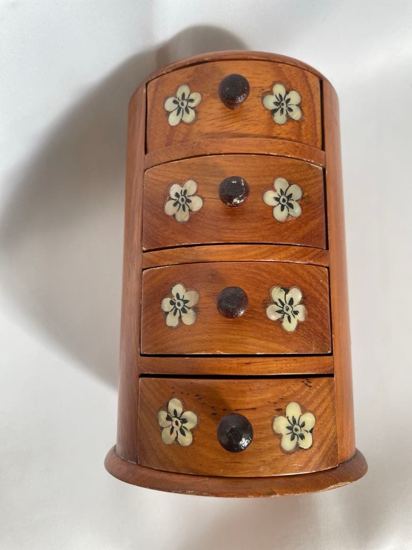 天然木 螺鈿細工 円柱型 小物入れ アクセサリーケース 宝石箱 小引き出し 花柄