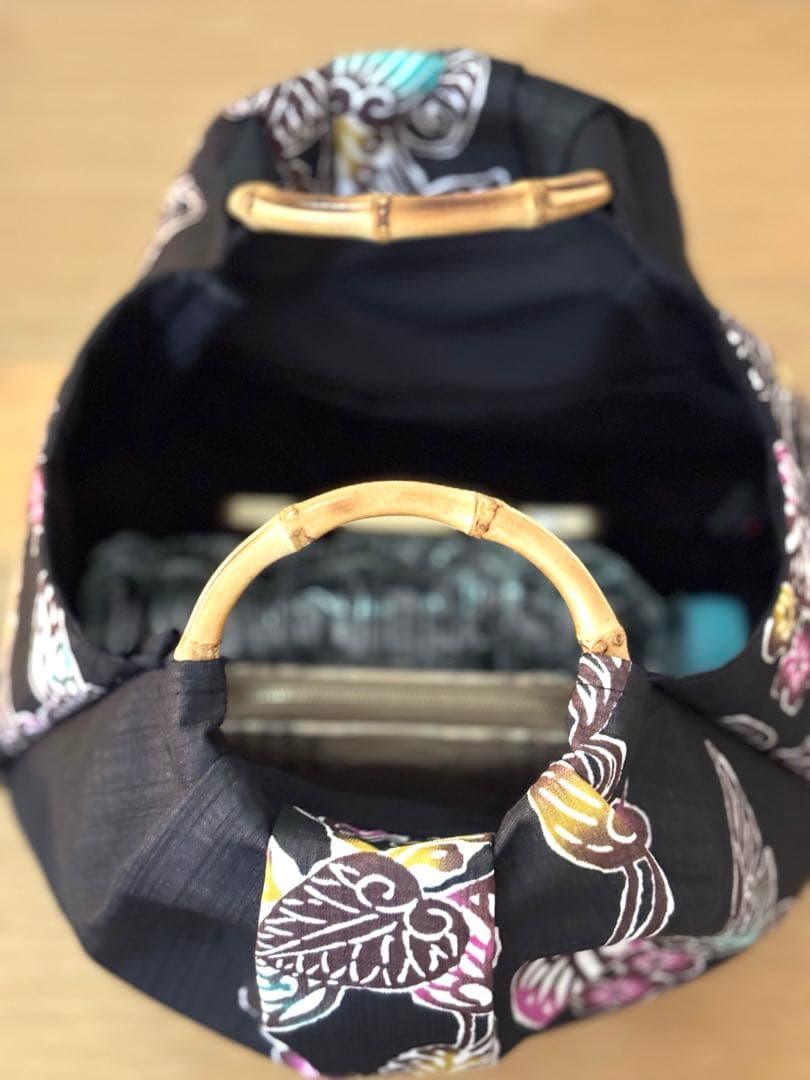 和装バック着物バック琉球紅型・琉球柄・葵の柄（黒）入学卒業結婚七五三振袖お宮参り