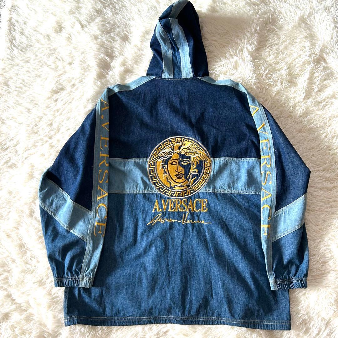 A.VERSACE 刺繍ロゴ デニム切替 フードジャケット L