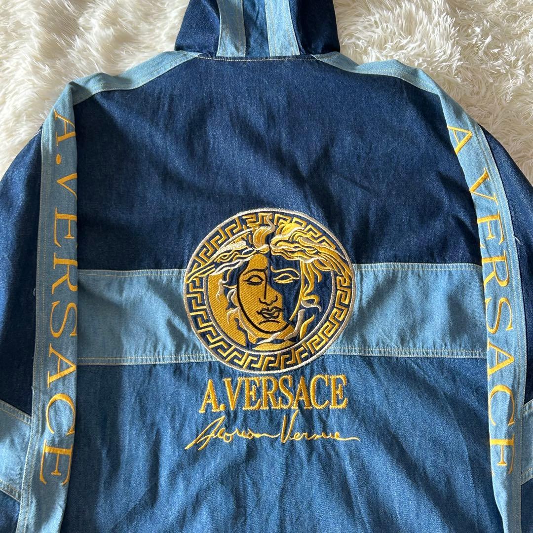 A.VERSACE 刺繍ロゴ デニム切替 フードジャケット L