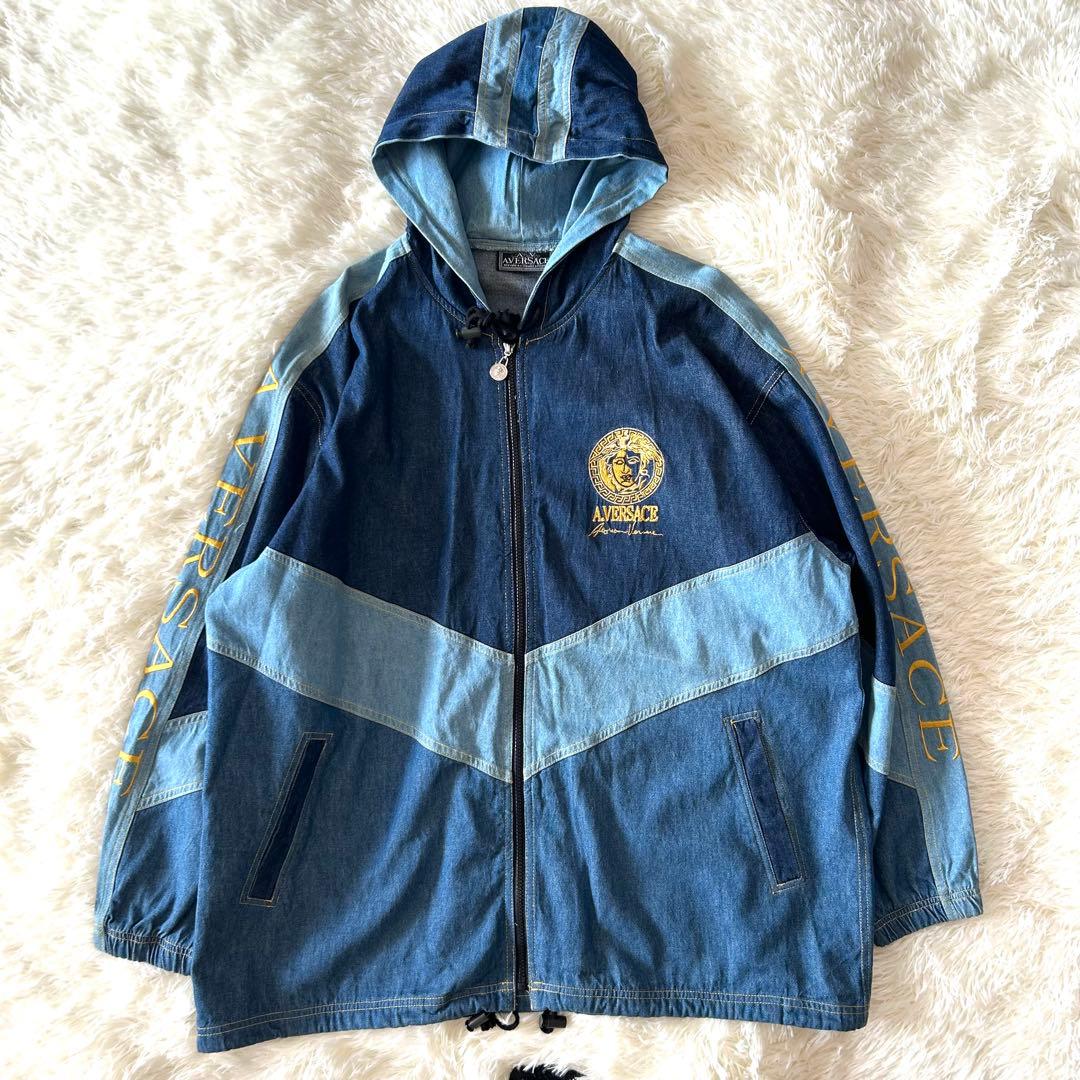 A.VERSACE 刺繍ロゴ デニム切替 フードジャケット L
