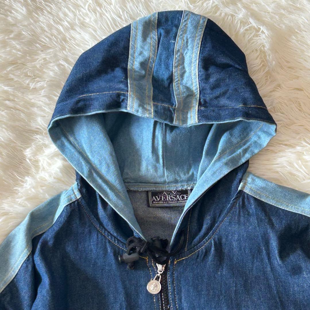 A.VERSACE 刺繍ロゴ デニム切替 フードジャケット L