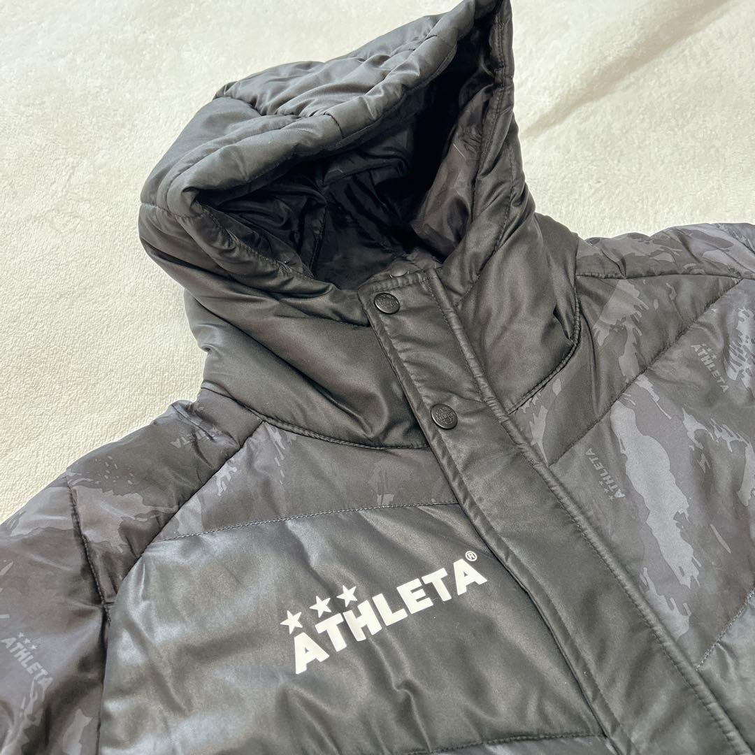 【美品】アスレタATHLETA フード付きロングベンチコートキッズ160黒カモ