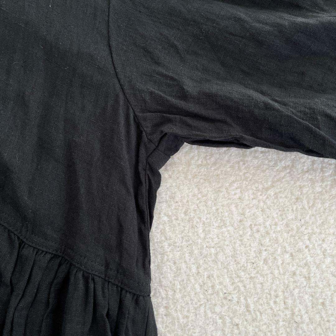 【美品】イチ アンティークス リネン ワンピース くるみボタン バンドカラー 黒