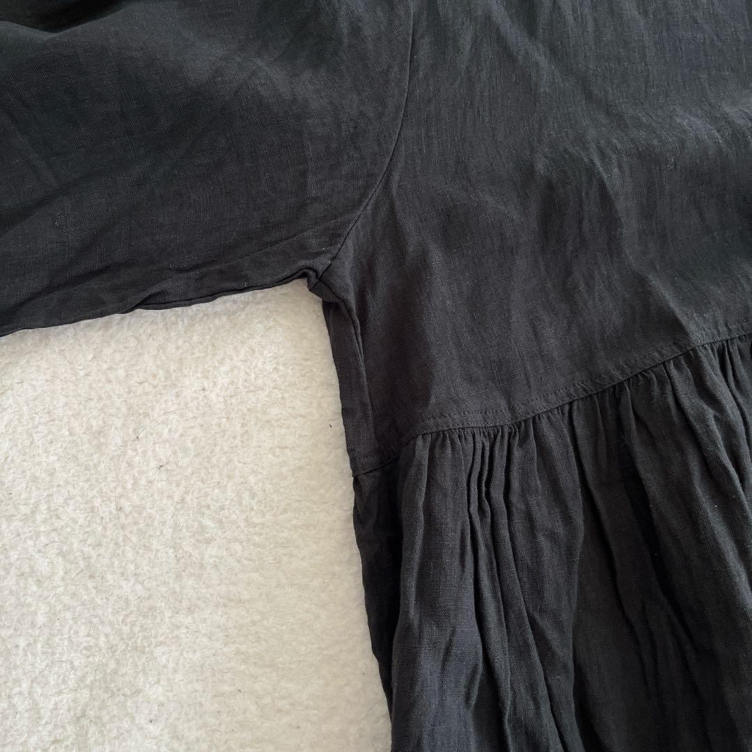 【美品】イチ アンティークス リネン ワンピース くるみボタン バンドカラー 黒