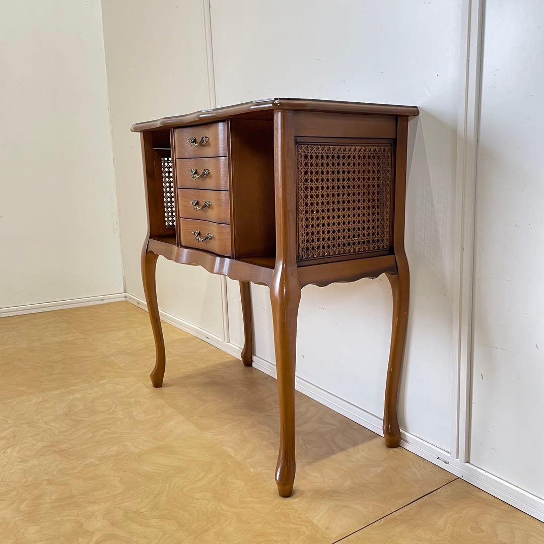 アンティーク調 猫脚 コンソール 籐 ラタン チェスト 引き出し 電話台 棚