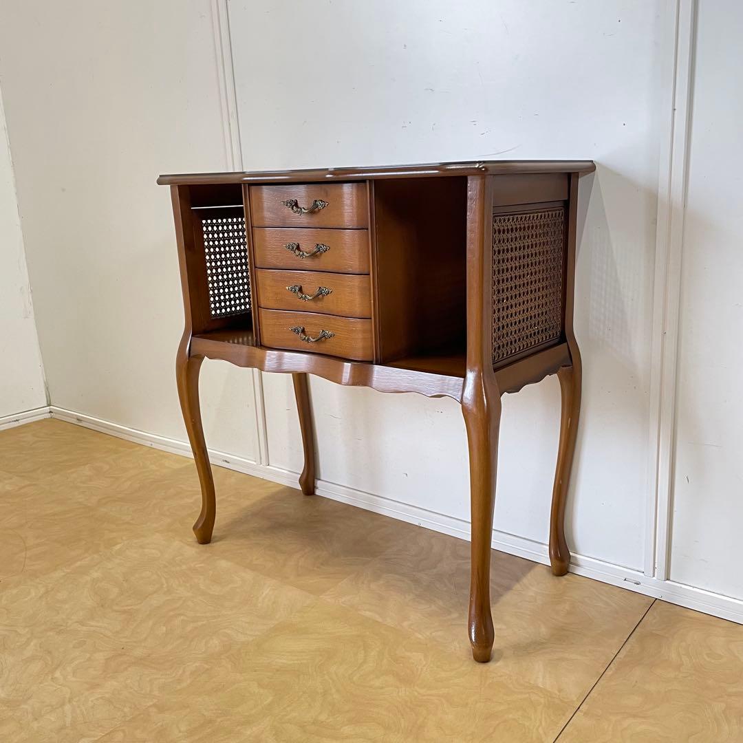 アンティーク調 猫脚 コンソール 籐 ラタン チェスト 引き出し 電話台 棚