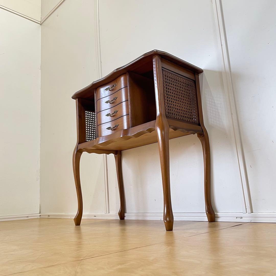 アンティーク調 猫脚 コンソール 籐 ラタン チェスト 引き出し 電話台 棚