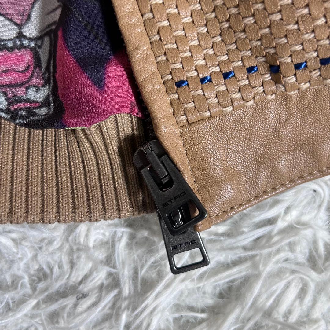 【未使用級】ETRO 羊革 レザーブルゾン ジャケット 編み込み 切替 総柄裏地