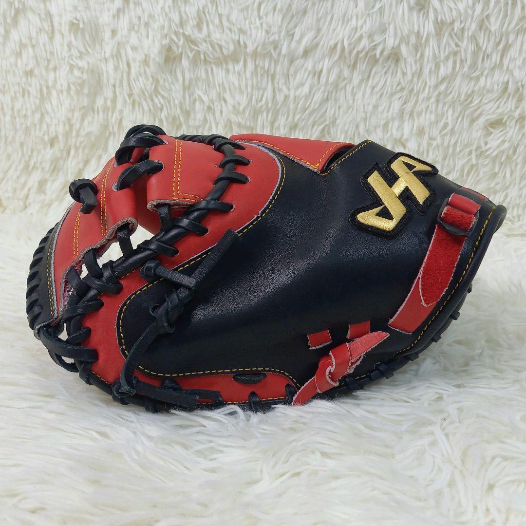 【極美品・希少】ハタケヤマ 左投げ キャッチャーミット 軟式 レッド ブラック