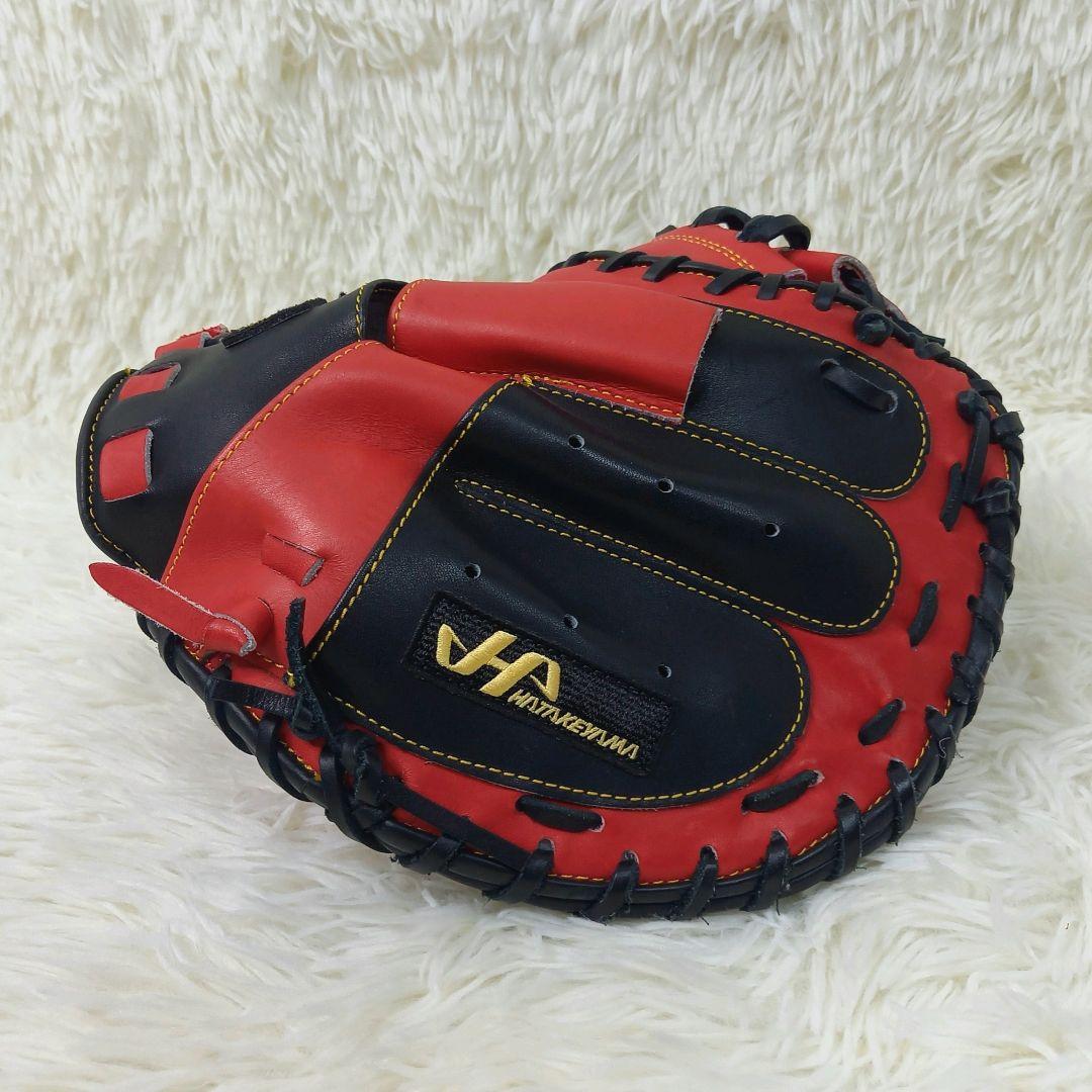 【極美品・希少】ハタケヤマ 左投げ キャッチャーミット 軟式 レッド ブラック