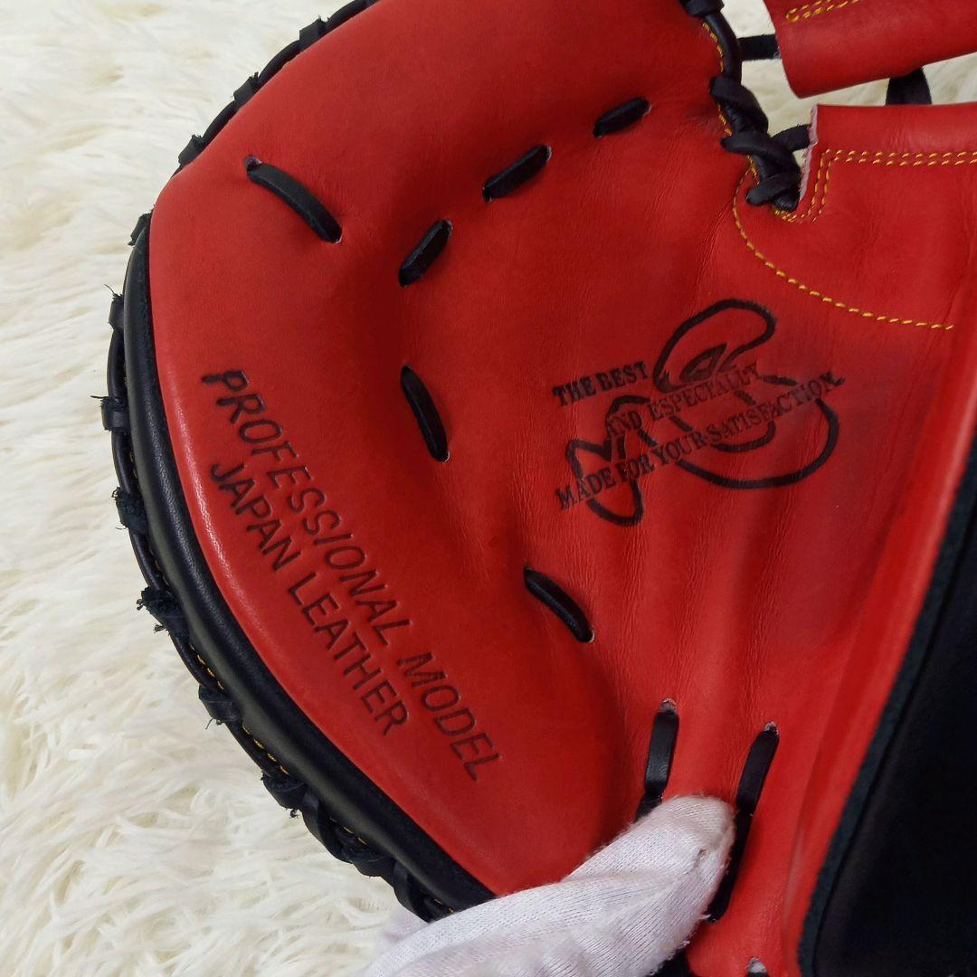 【極美品・希少】ハタケヤマ 左投げ キャッチャーミット 軟式 レッド ブラック