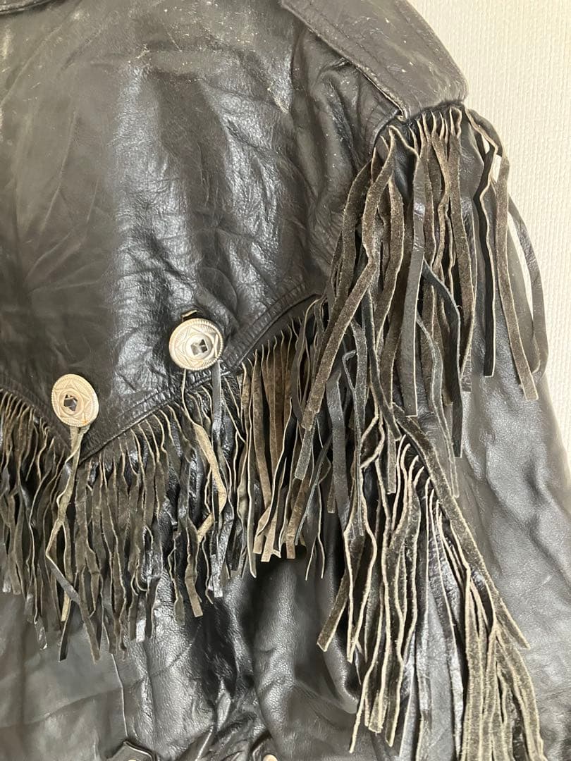 フリンジ　ダブルライダース　ワイルド　本革ジャケット　ブラック　LL