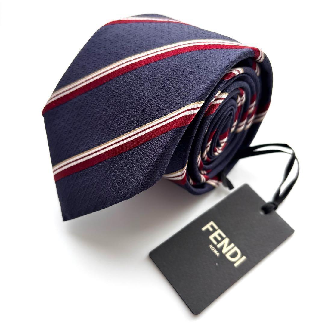 ꧁新品未使用꧂ フェンディ ネクタイ ズッカ ズッキーノ ストライプ ネイビー