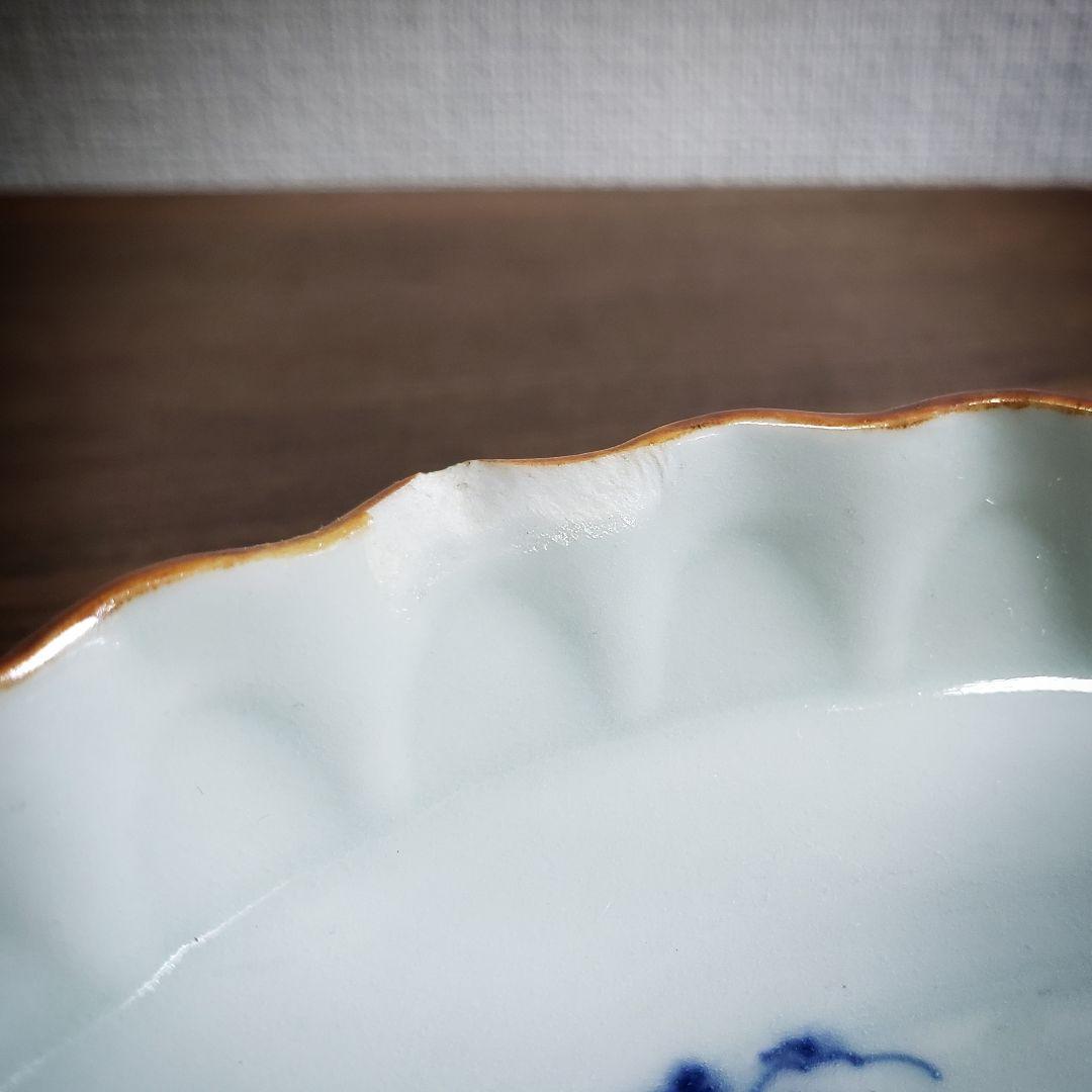 古伊万里　皿　遠景　花鳥　染付　輪花　江戸　明治　家屋　舟　山水　訳あり