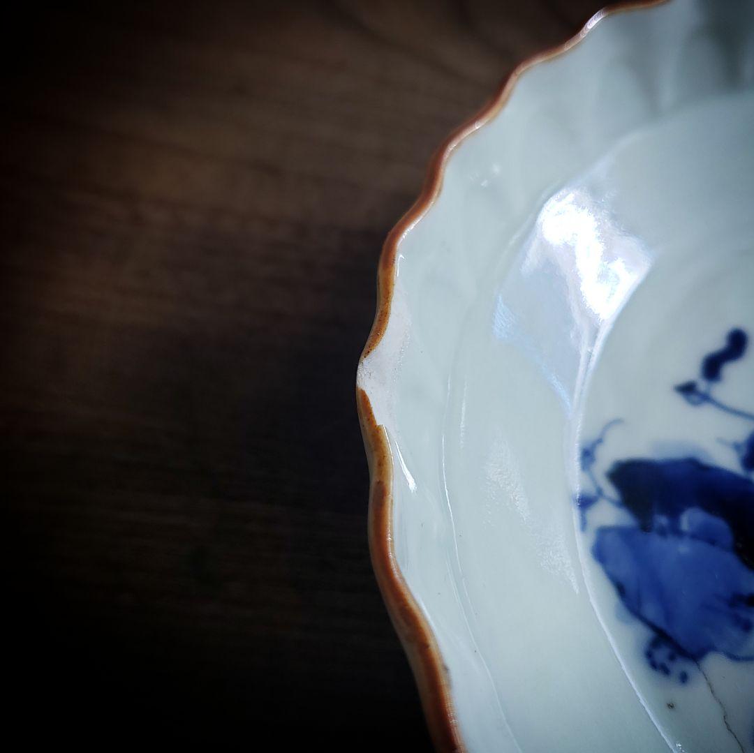 古伊万里　皿　遠景　花鳥　染付　輪花　江戸　明治　家屋　舟　山水　訳あり