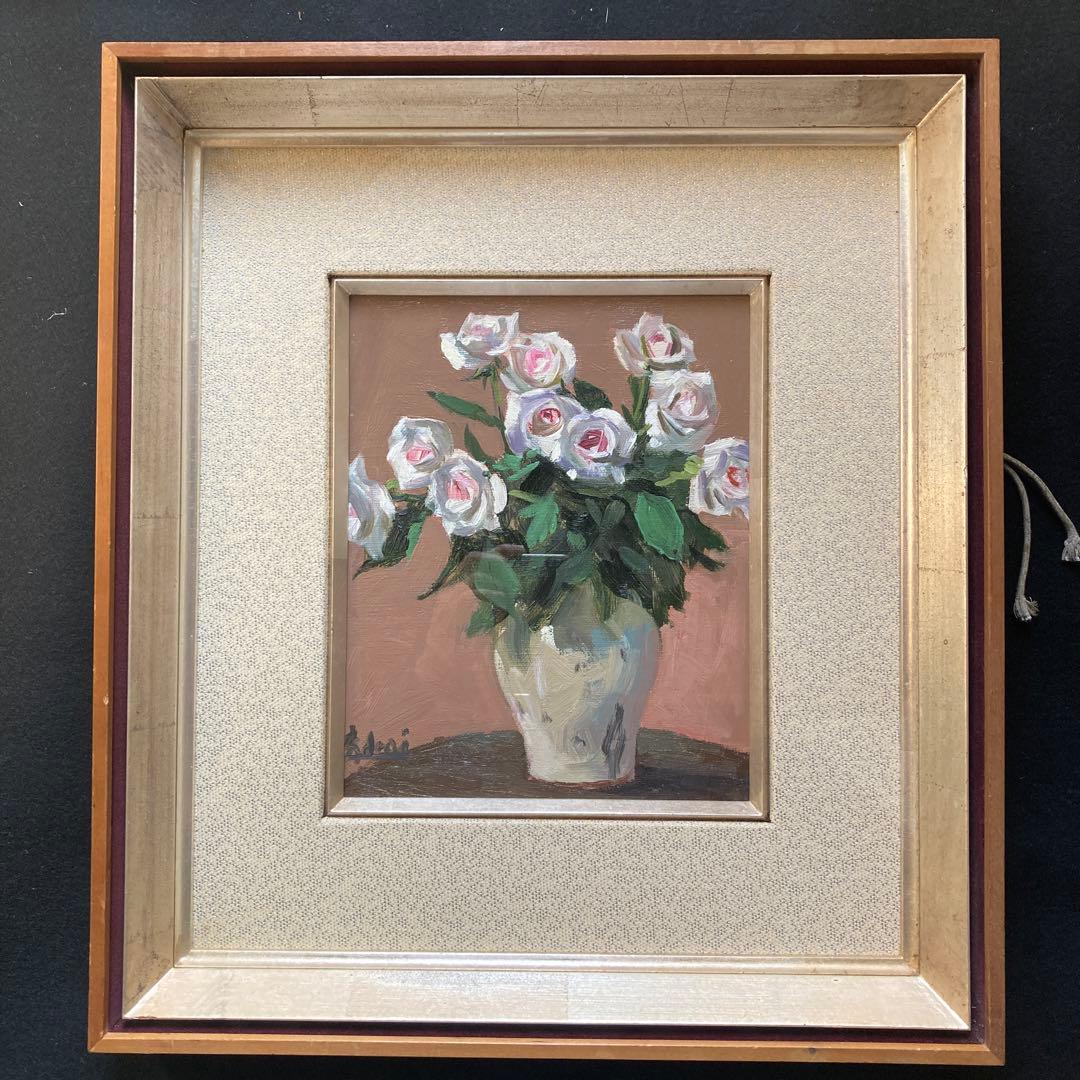 新井秀一郎「白薔薇」1990年油彩画 額50×45 絵画27.5×22cm F3