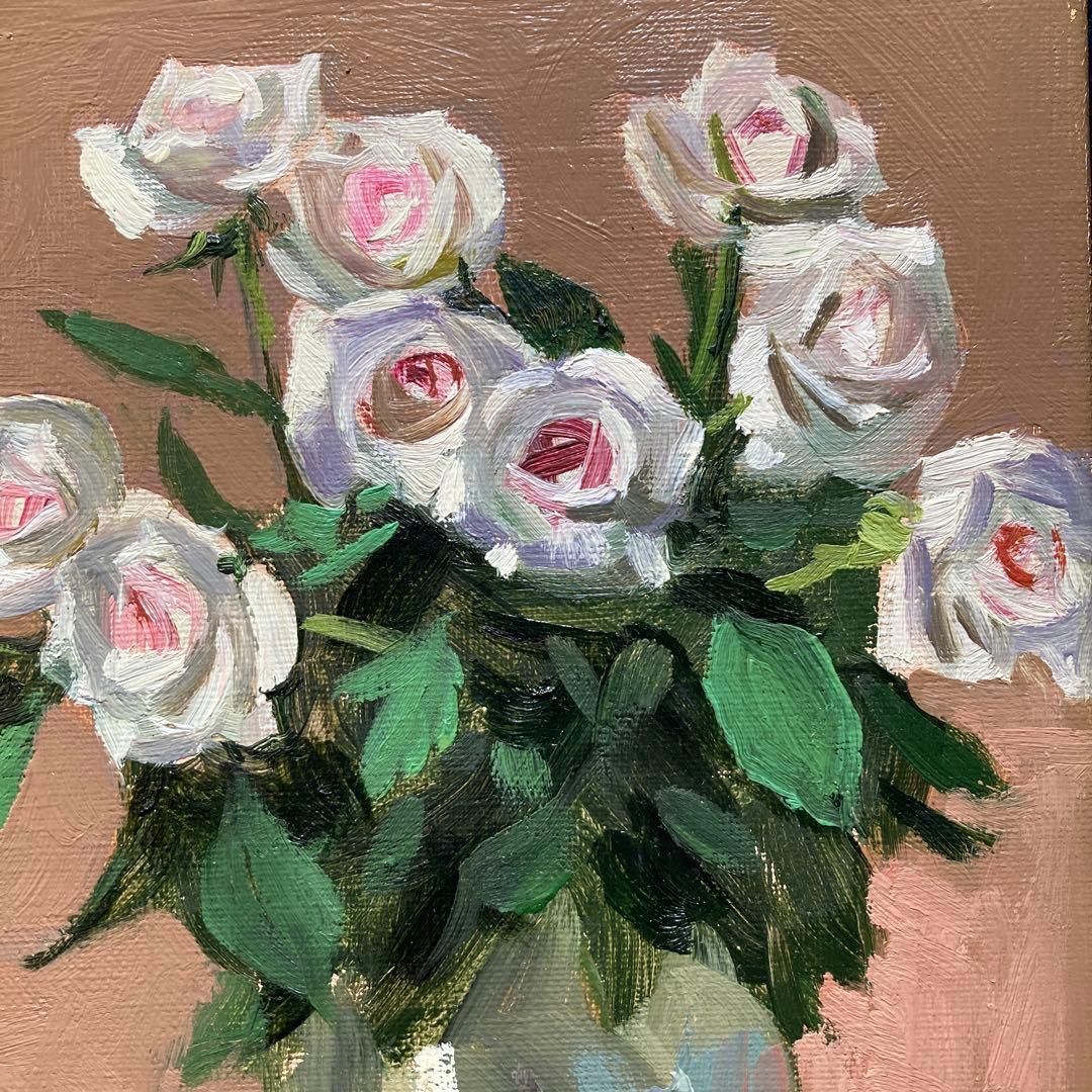 新井秀一郎「白薔薇」1990年油彩画 額50×45 絵画27.5×22cm F3