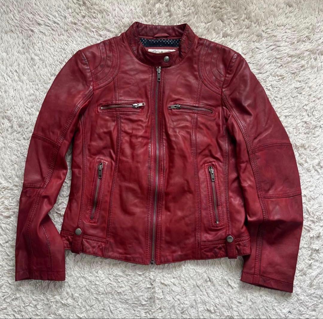 レザーシングルライダースジャケット 赤 ライダースジャケット/羊革/ラムレザー