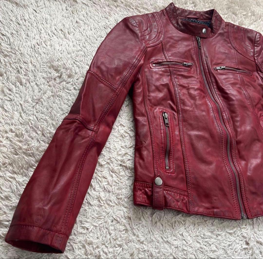 レザーシングルライダースジャケット 赤 ライダースジャケット/羊革/ラムレザー