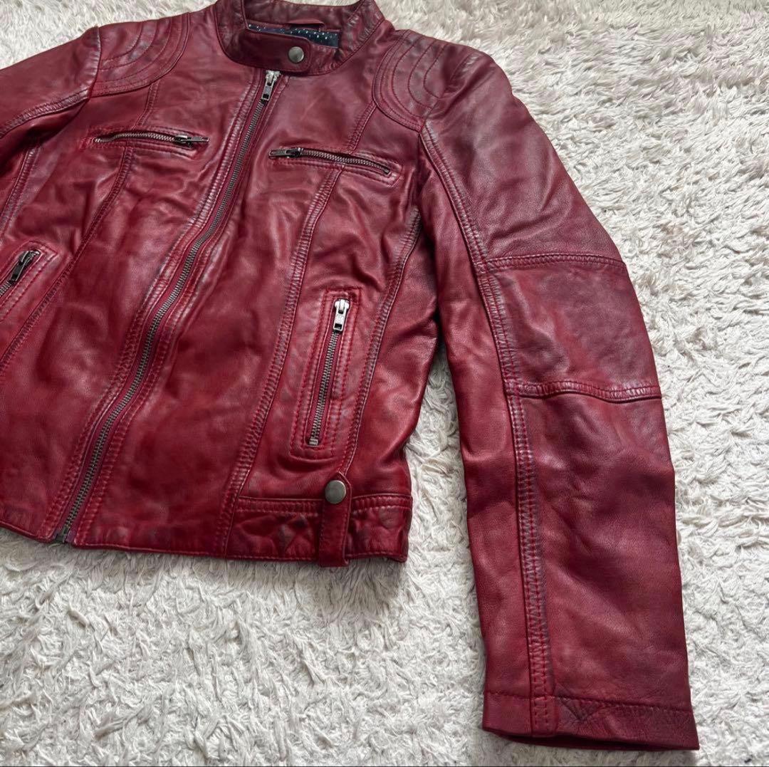 レザーシングルライダースジャケット 赤 ライダースジャケット/羊革/ラムレザー