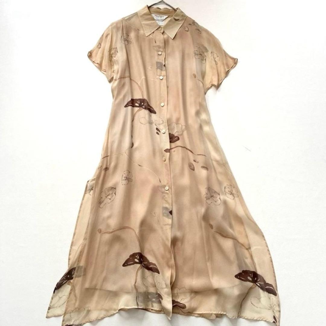 【大きいサイズ】マックスマーラ　白タグ シルク100 花柄シアーシャツワンピース