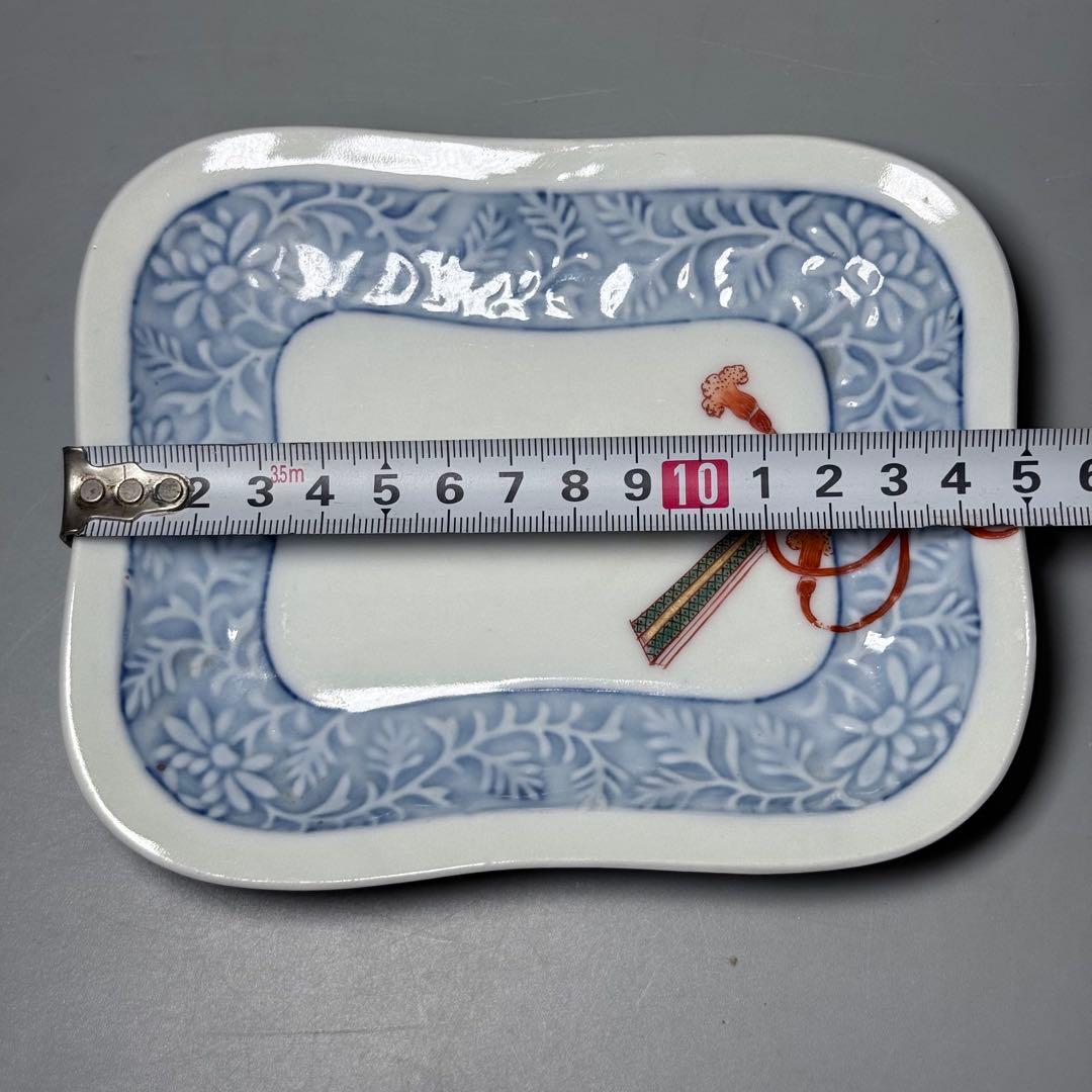 明治時代　有田焼　岩松平吾　色絵軍配形皿　五枚　角岩印　陽刻　珍品　器を楽しむ