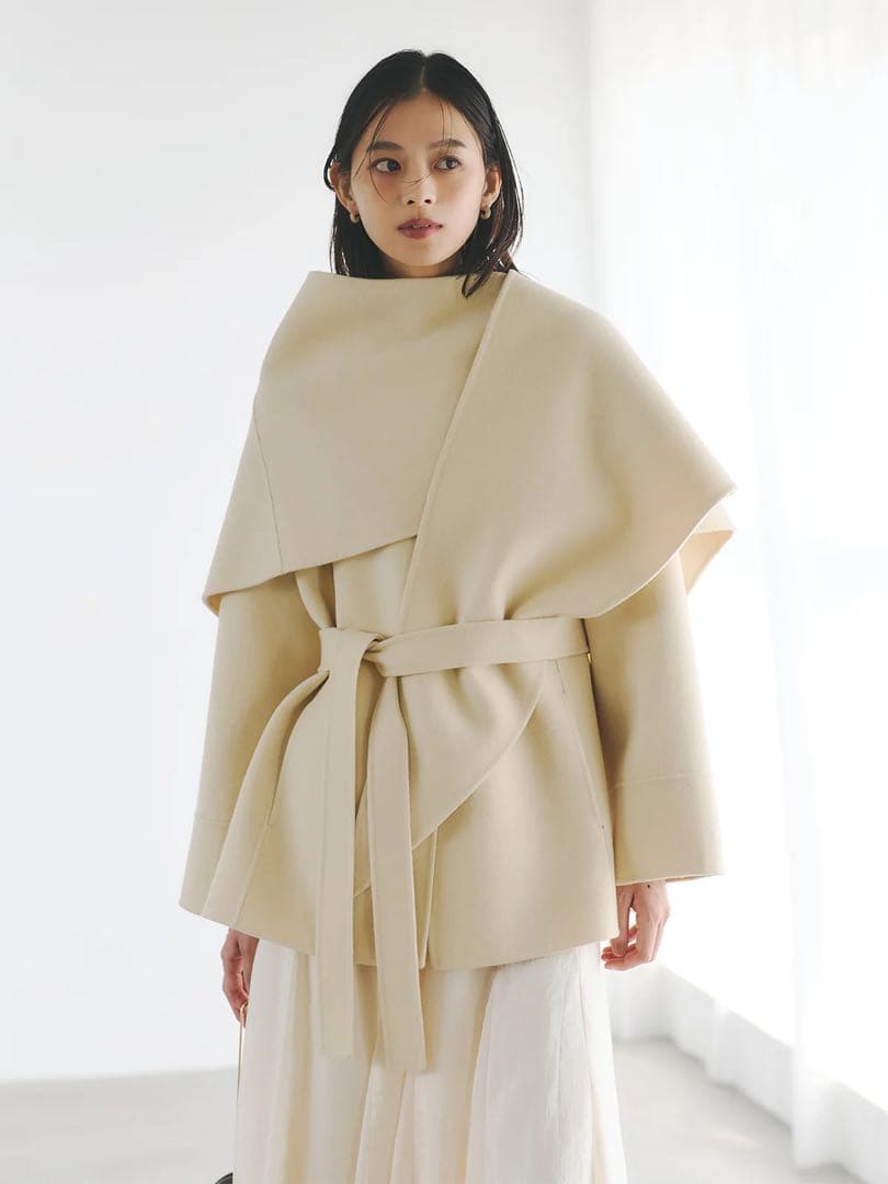 anuans リバーウールミドルマフラーコート　イエローベージュ