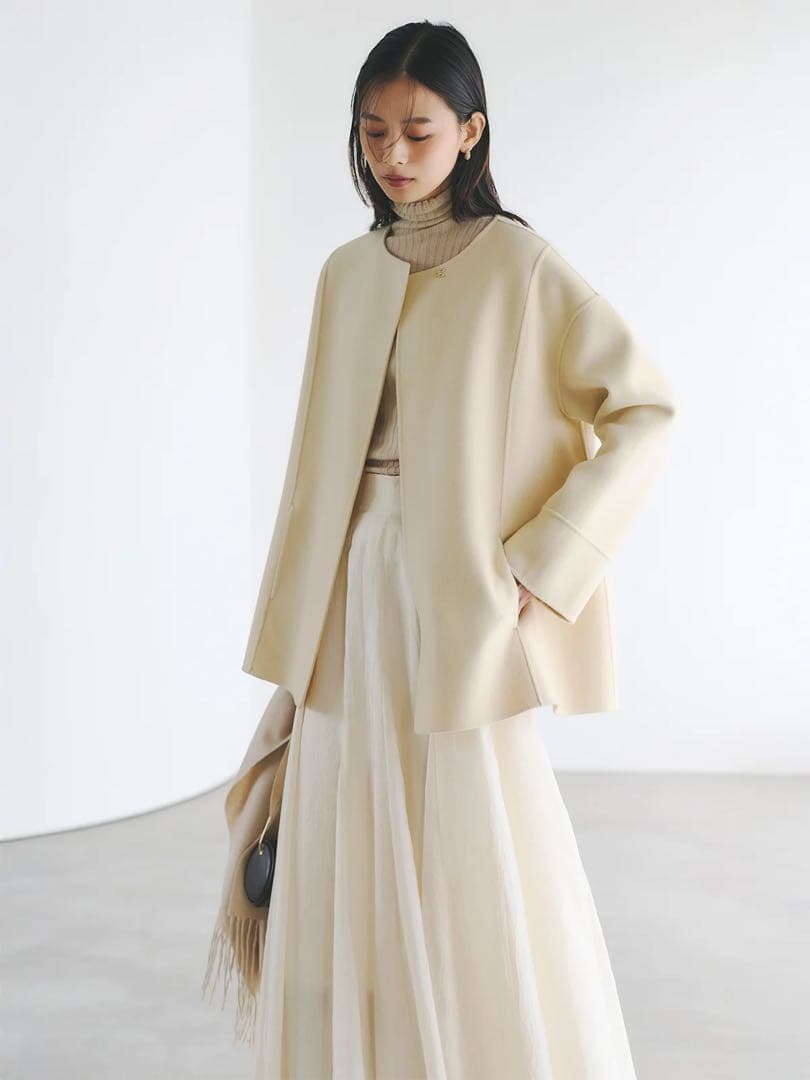 anuans リバーウールミドルマフラーコート　イエローベージュ