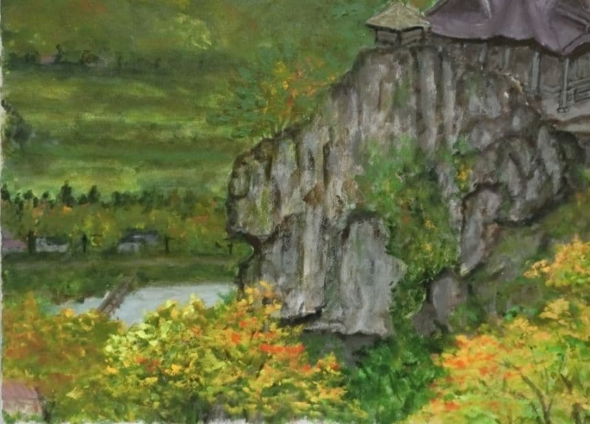 がんばりましょう山形県山寺(立石寺) 油彩 F10 額装(ガラス無)