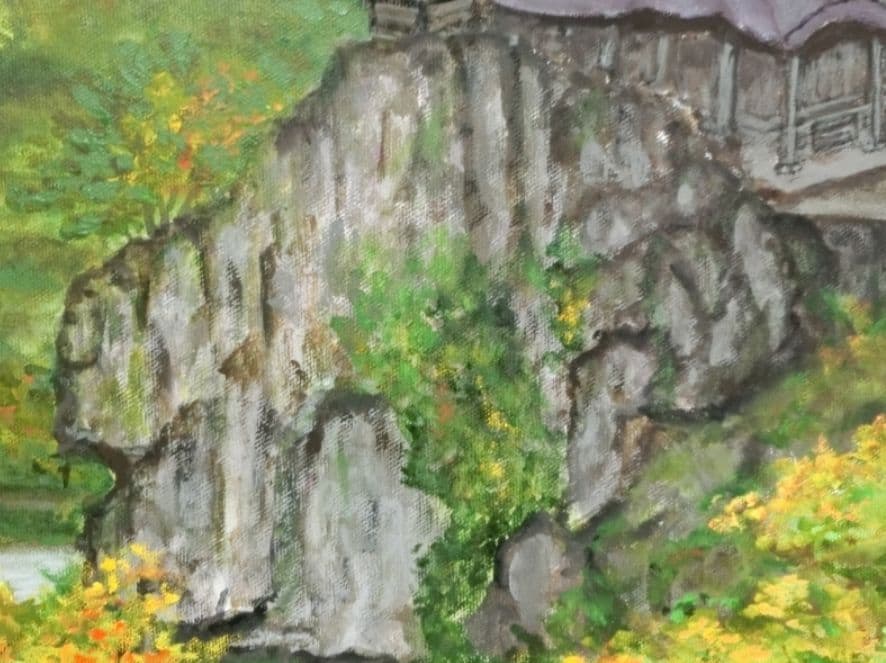 がんばりましょう山形県山寺(立石寺) 油彩 F10 額装(ガラス無)