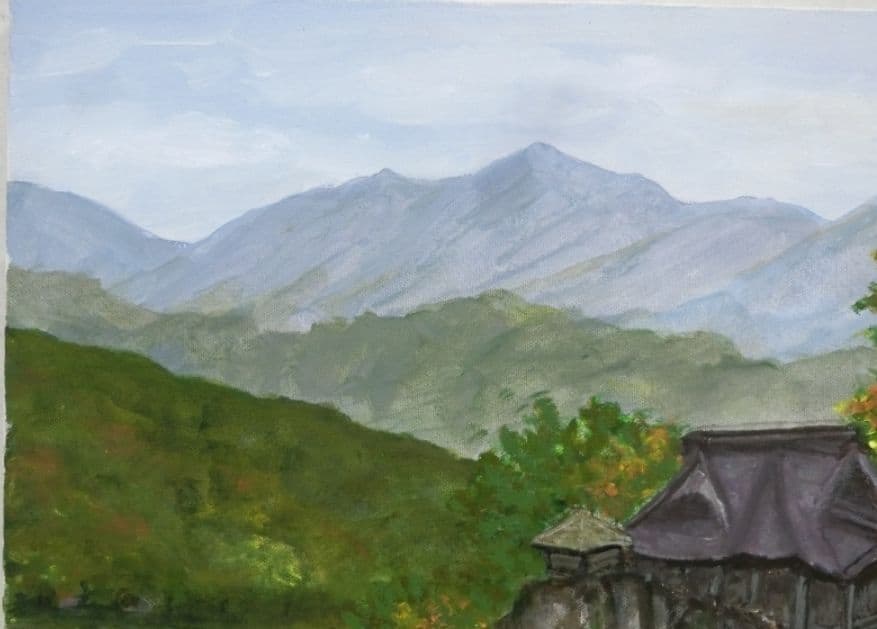 がんばりましょう山形県山寺(立石寺) 油彩 F10 額装(ガラス無)