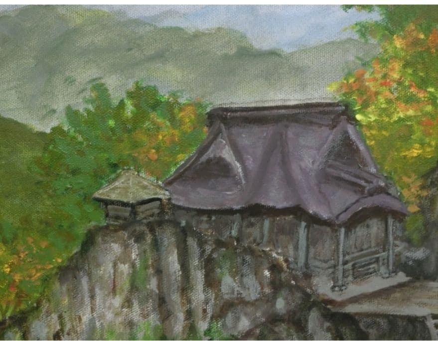 がんばりましょう山形県山寺(立石寺) 油彩 F10 額装(ガラス無)