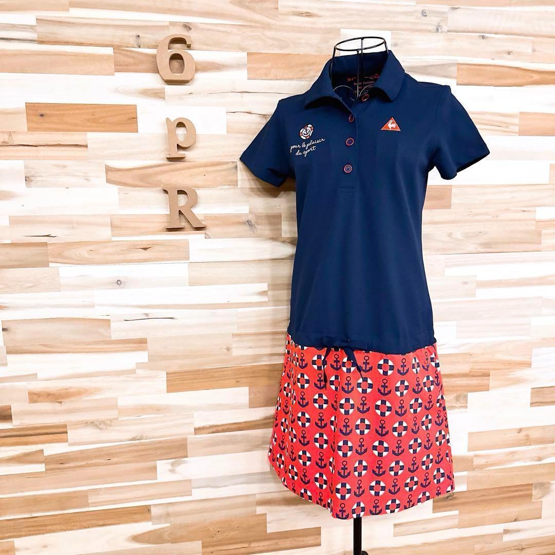 【ルコックスポルティフ】ゴルフ 切り替え ワンピース 錨 マリン柄 M 紺×赤