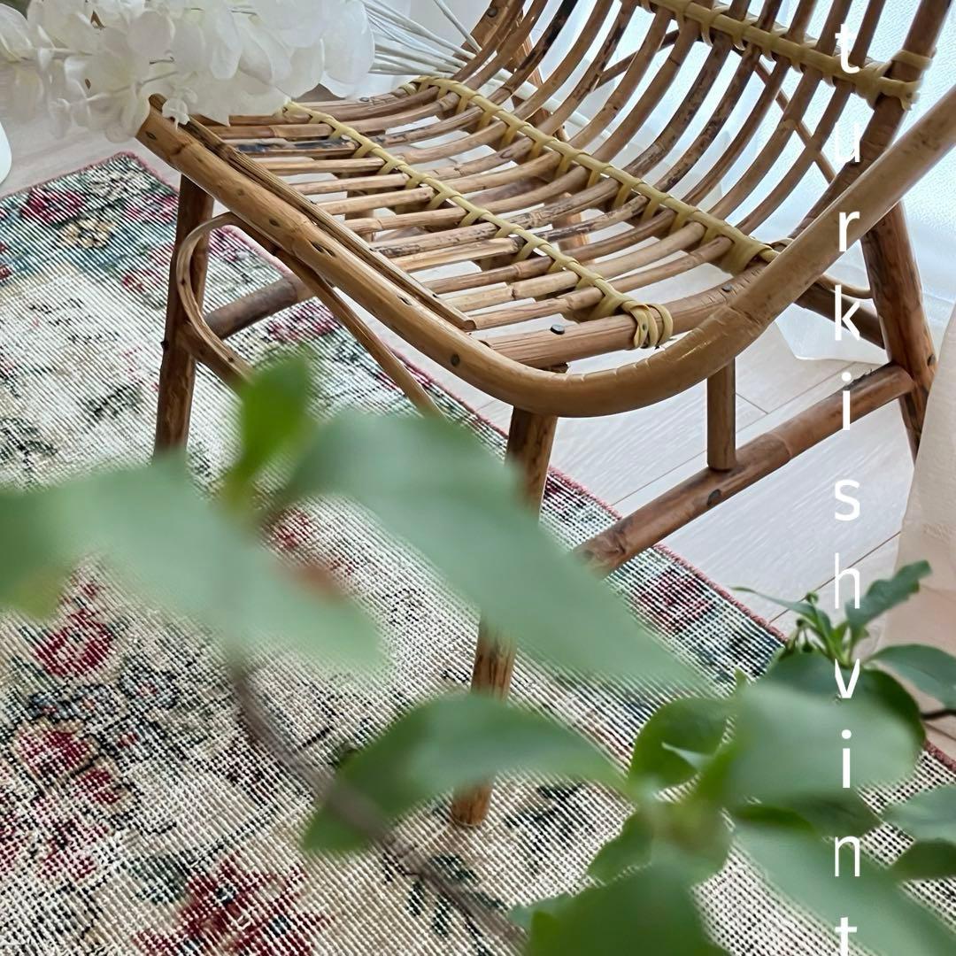 レッドフラワー✳︎57×119 薔薇✳︎ローズ　くすみブルー　トルコヴィンテージラグ