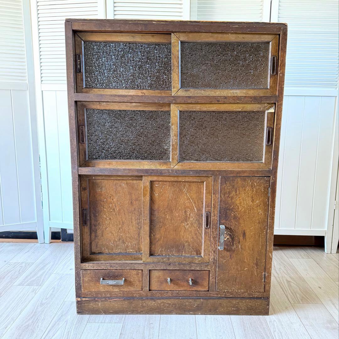 昭和レトロ 水屋箪笥 希少 ダイヤガラス 戸棚 キャビネット 古民具