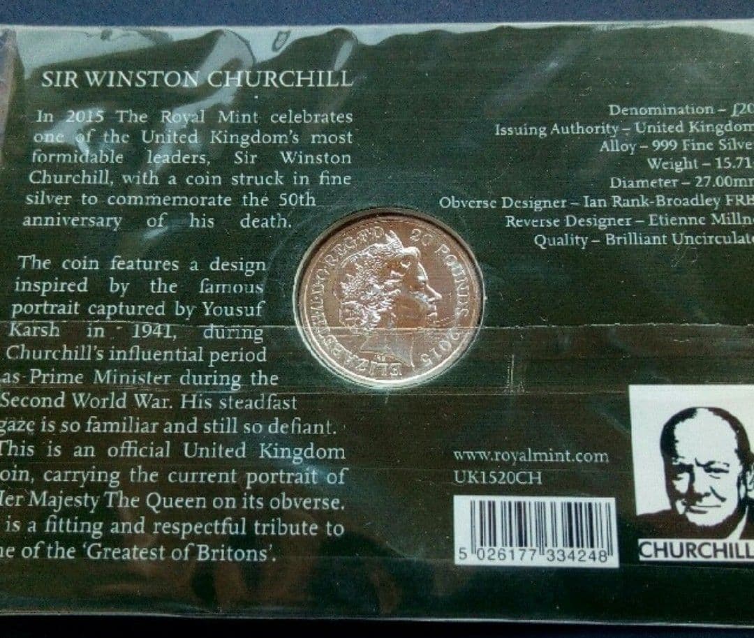 英国イギリス￡20 ポンド 銀貨 999ag 15.71g 27mm チャーチル