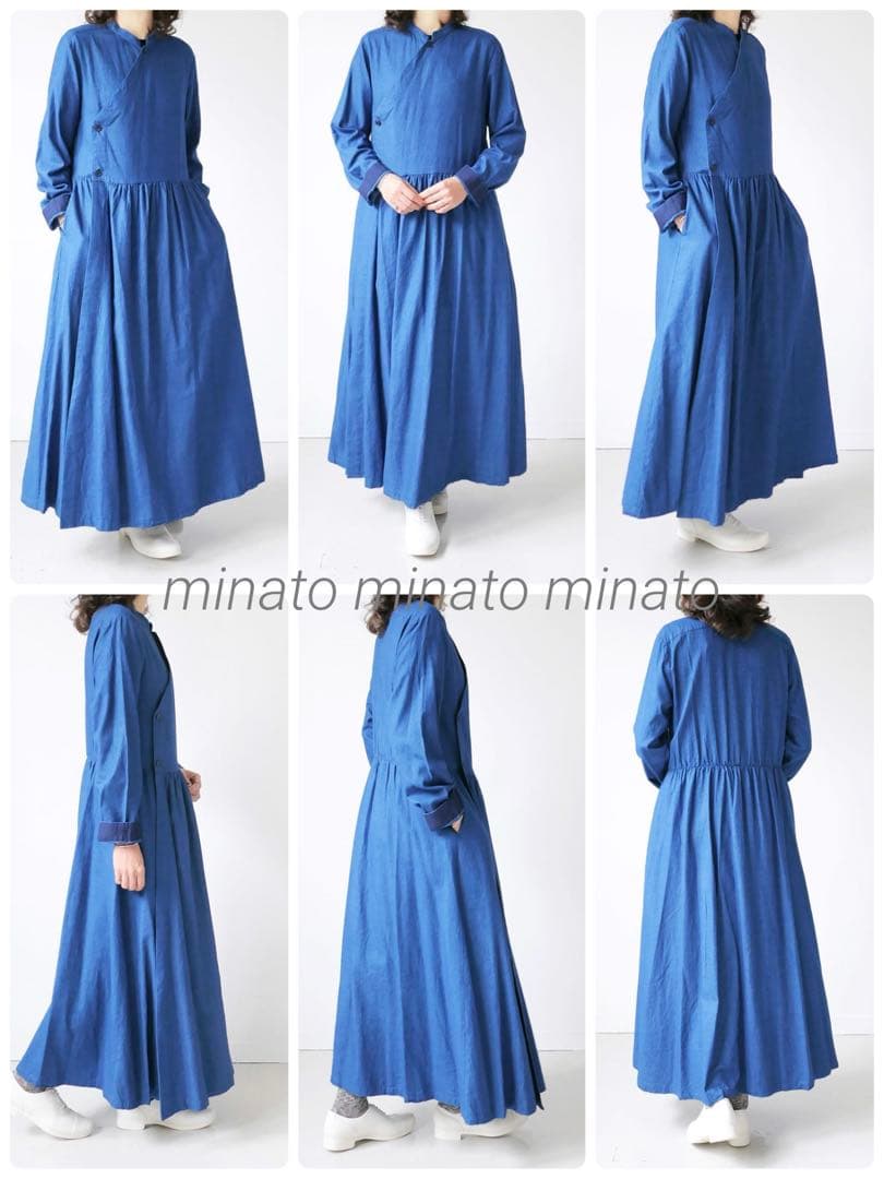 未使用級 ブルーブルージャパンフランネルクルタロングワンピース 1