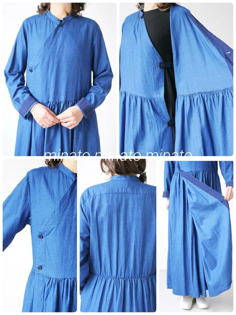 未使用級 ブルーブルージャパンフランネルクルタロングワンピース 1