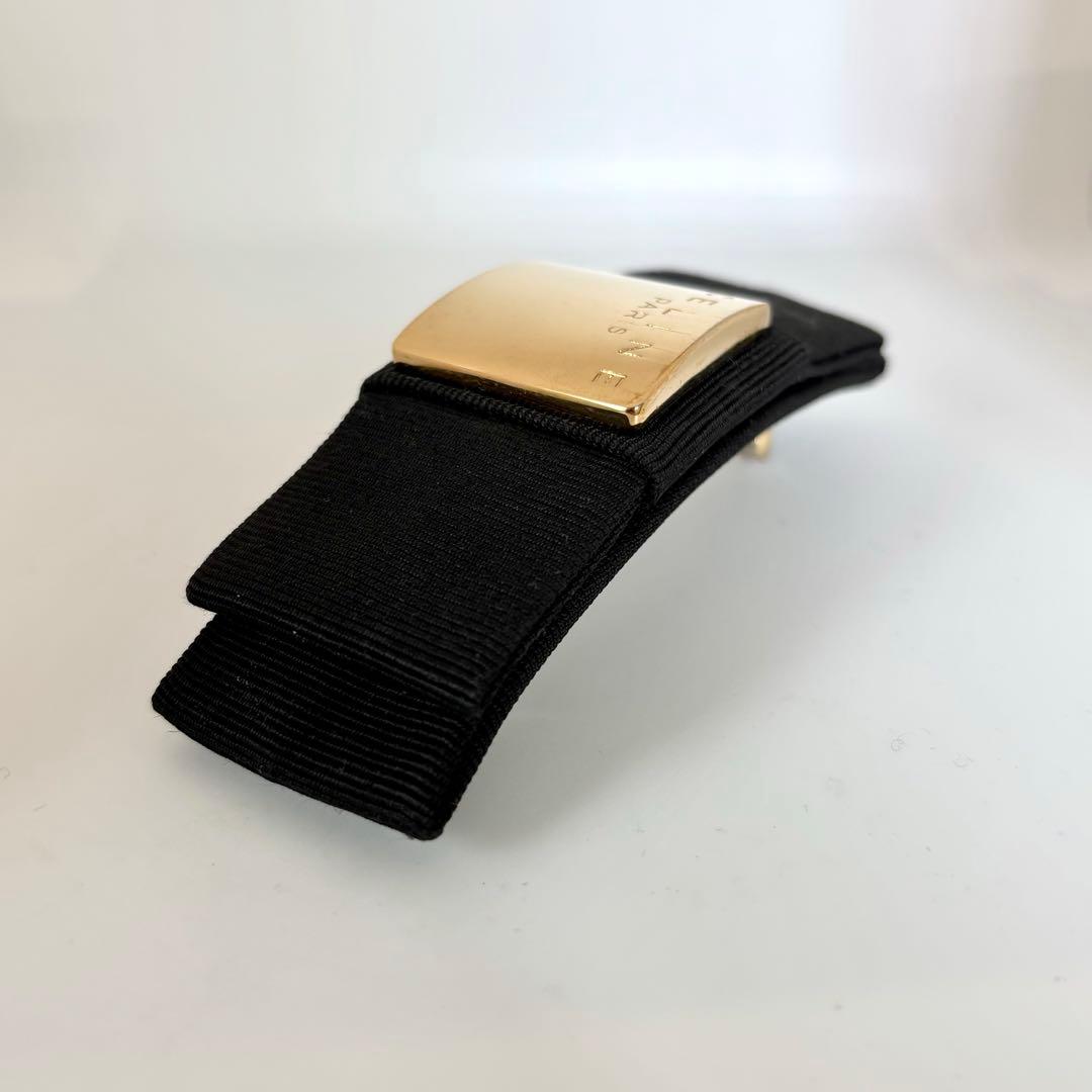【美品】【セリーヌ】CELINE ロゴ リボン バレッタ 黒 ゴールド色金具